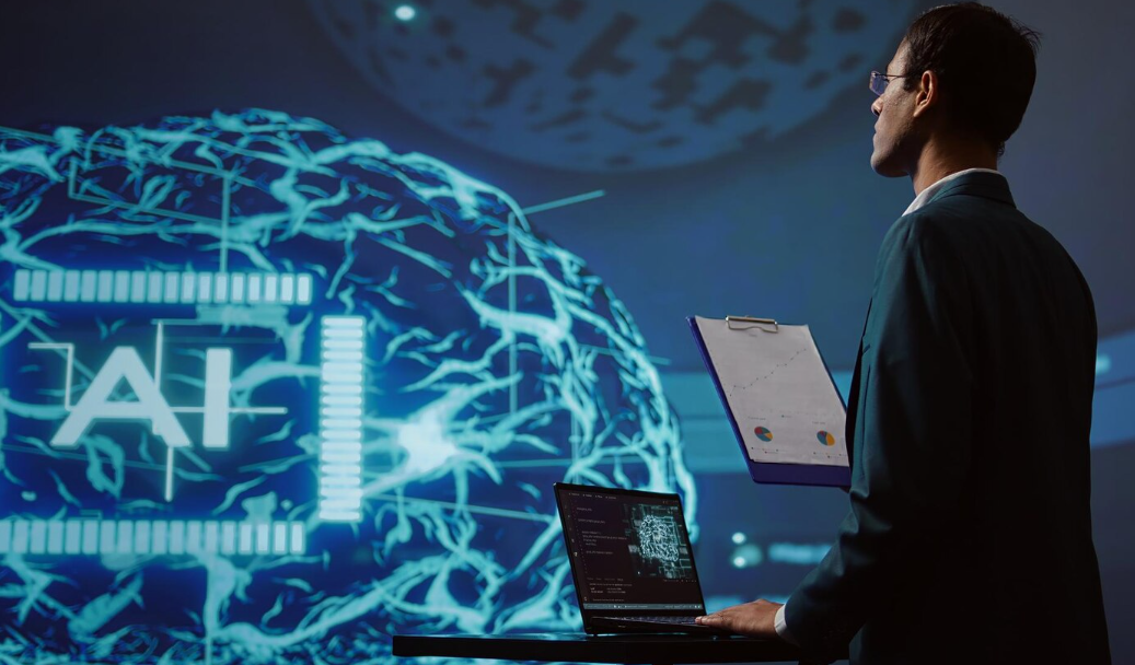 Professional reviewing AI regulation data with a digital brain and AI symbol projected in the background.
