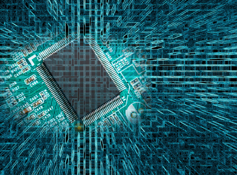 Abstract visualization of a computer chip and digital grid symbolizing the quantum computing race.