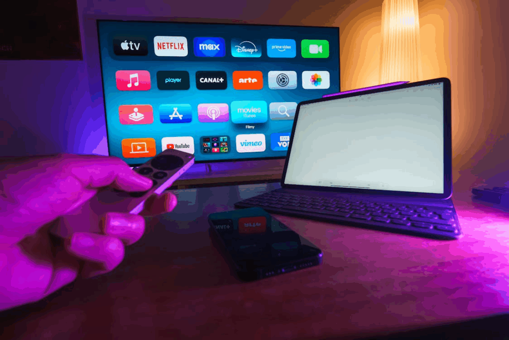Hand holding a remote control with streaming services displayed on a smart TV