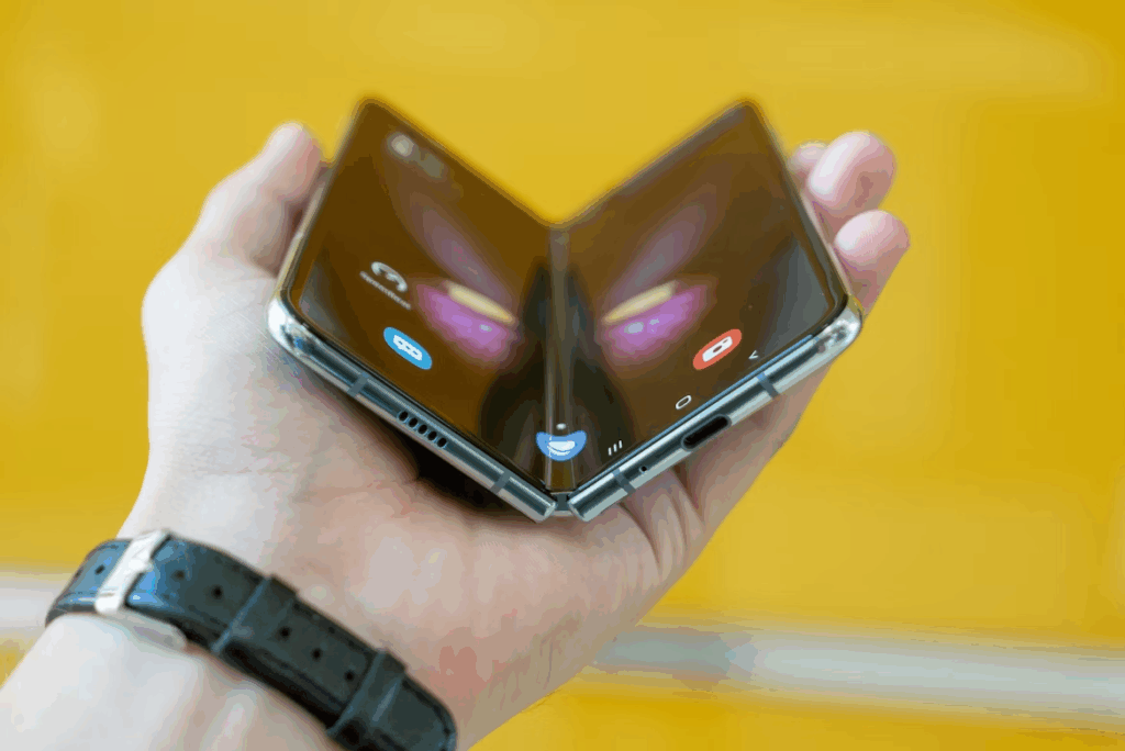 Close-up of a foldable smartphone partially closed, showing flexible display and hinge design.